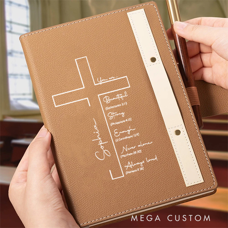 Personalized Cross Name Bible Verse A5 Lined Notebook with Pen Loop Church Study Birthday Religious Gift for Family Friends Christian