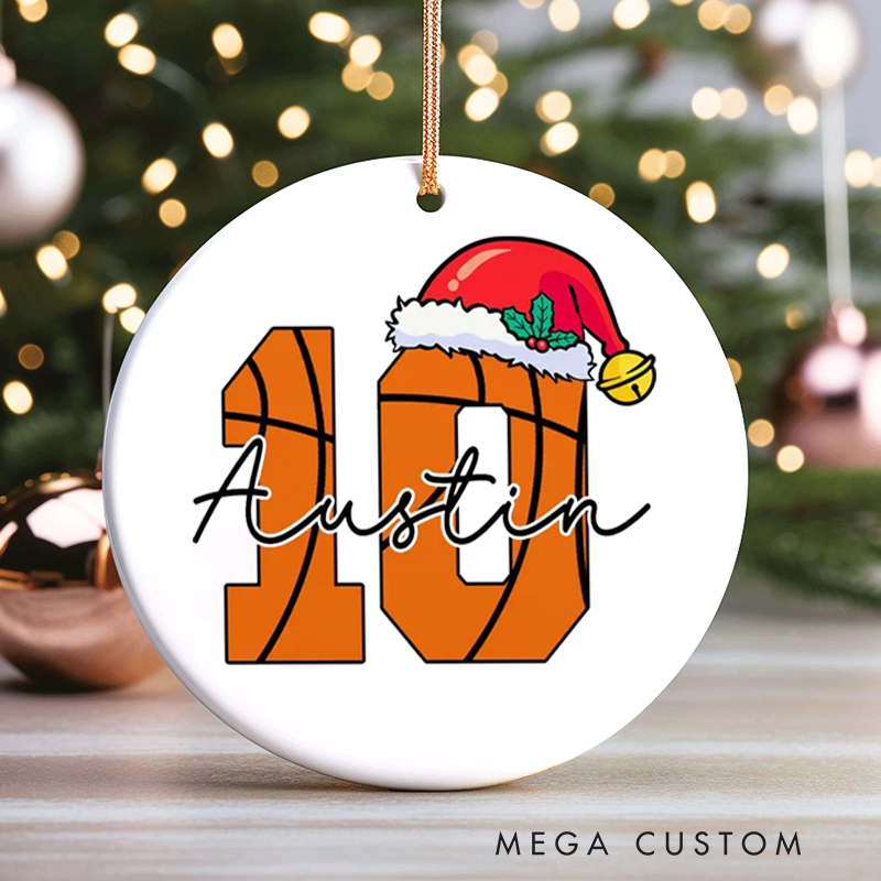 Personalized Basketball Ornament with Custom Name, Number, and Festive Santa Hat Design