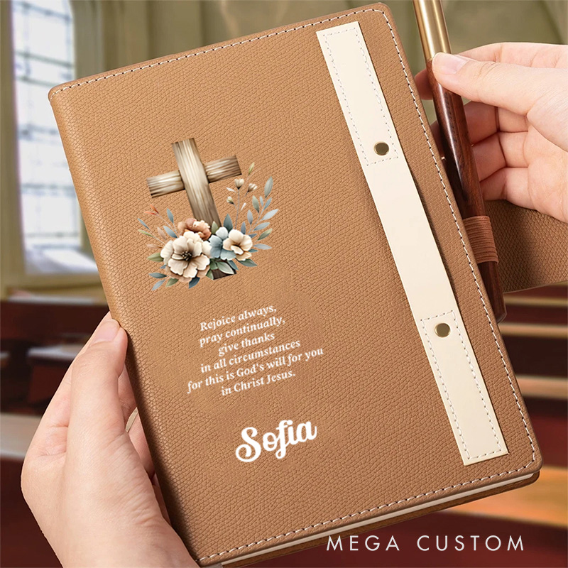 Personalized Floral Cross Name Bible Verse A5 Lined Leather Prayer Notebook with Name Pen Loop Church Christmas Gift for Christians