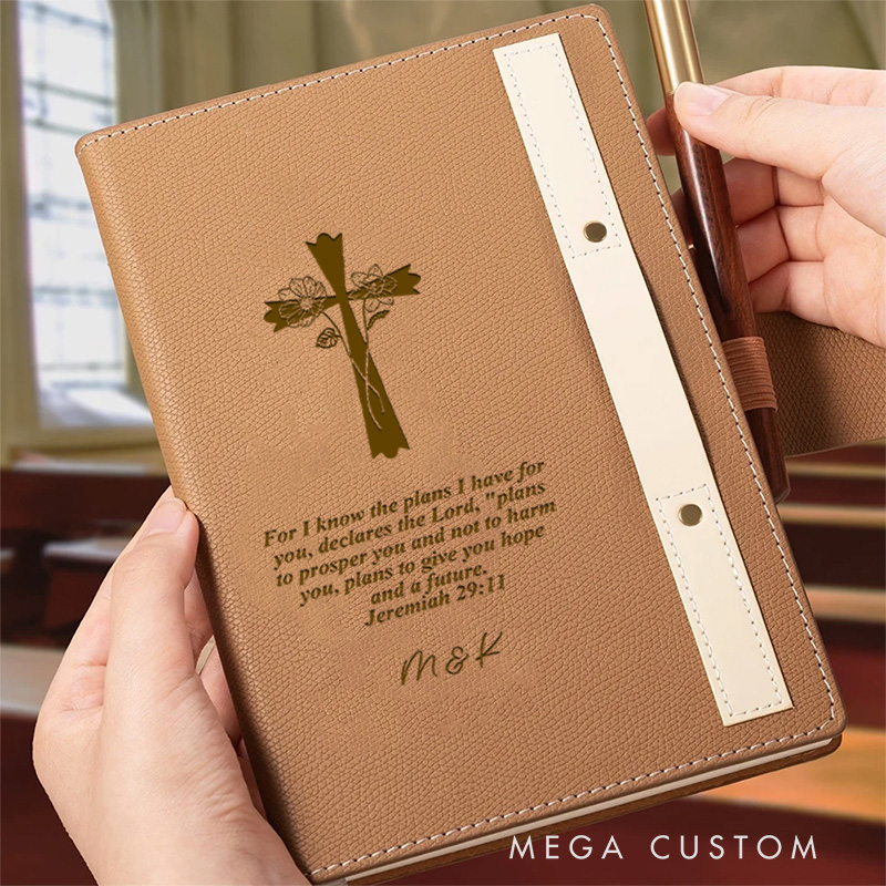 Personalized Engraved Cross Name Birth Flower Bible Verse A5 Lined Notebook and Pen Loop for Church Bible Study Christmas Easter Gift for Christian Prayer