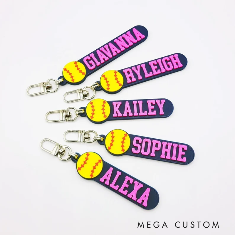 Personalized Softball Keychain with Custom Name and 3D Softball Design