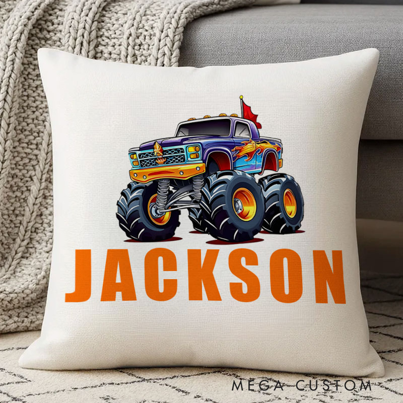 Personalized Monster Truck Fun Name Pillow Perfect for Little Vehicle Enthusiasts