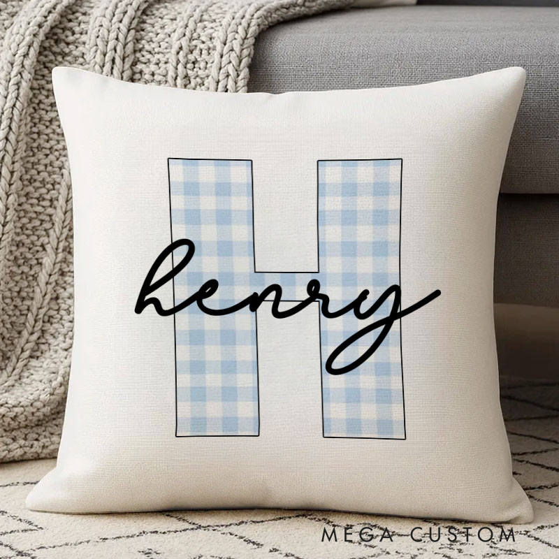 Personalized Blue Gingham Initial Name Pillow with a Charming Classic Style