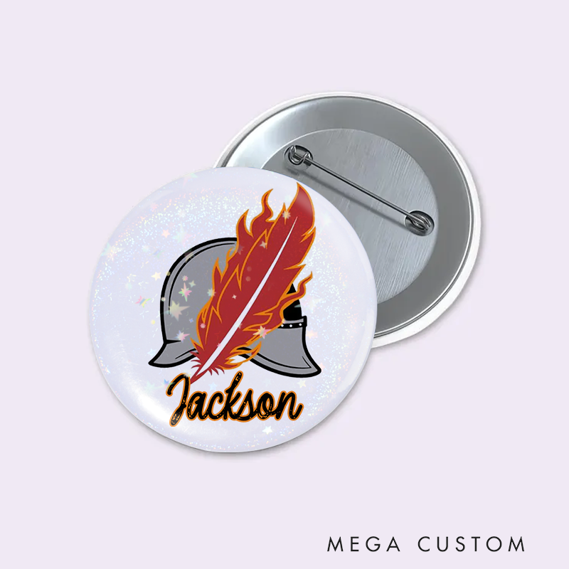 Personalized Firefighter Button Pin Helmet and Flame Feather Design
