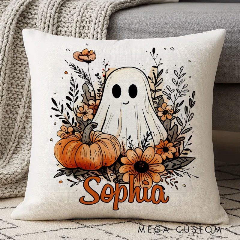 Personalized Ghostly Autumn Name Pillow with Pumpkins and Halloween Vibes