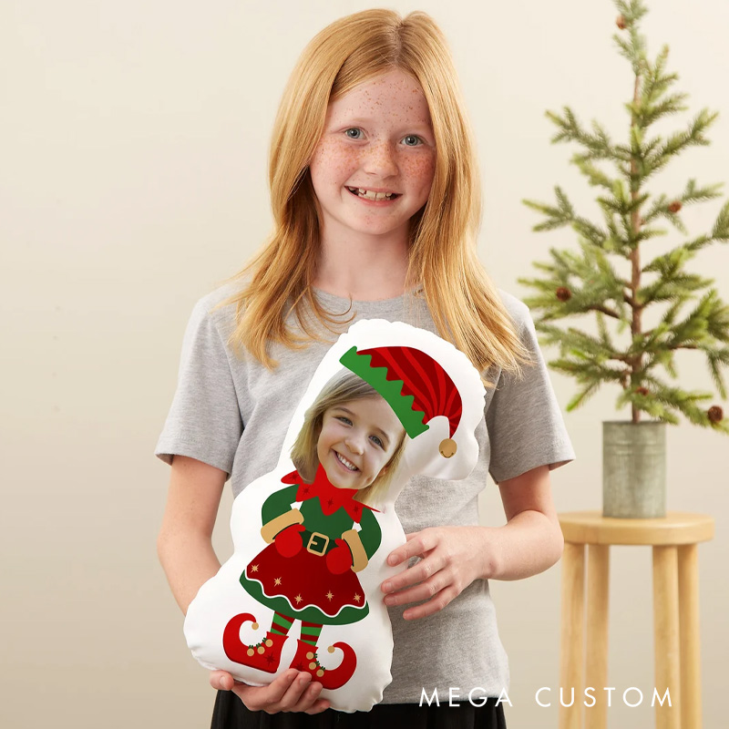 Personalized Christmas Elf Pillow Featuring a Festive Red and Green Elf Design with a Custom Face Pillows
