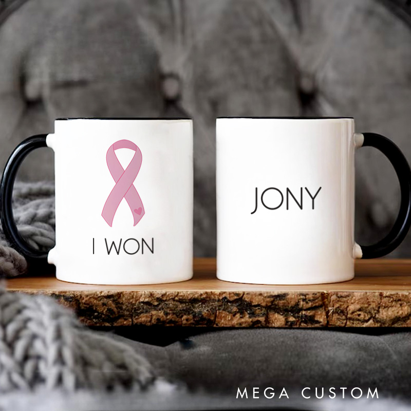 Personalized I Won Pink Ribbon Design Celebrating Strength and Cancer Survival Mugs