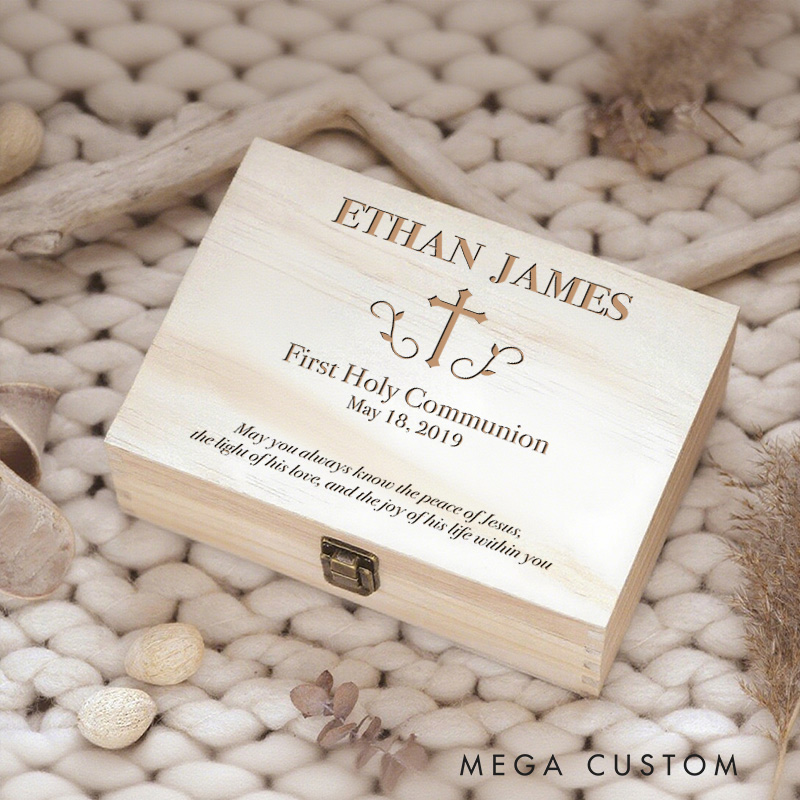 Personalized Cross Wooden Keepsake Box with Name and Date Religious Gift First Holy Communion Gift for Kids