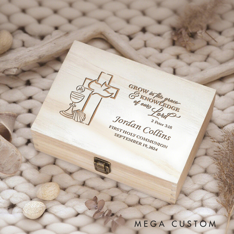 Personalized Cross Dove Wooden Keepsake Box with Name and Date Religious Gift First Holy Communion Gift for Kids