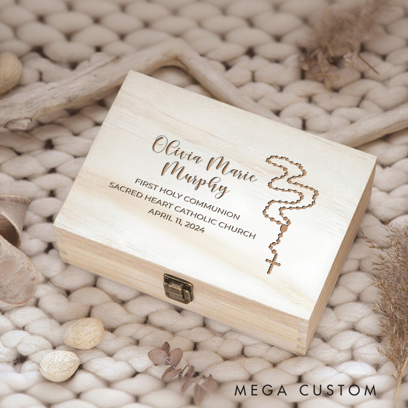 Personalized Rosary Wooden Keepsake Box with Name and Date Religious Gift First Holy Communion Gift for Kids