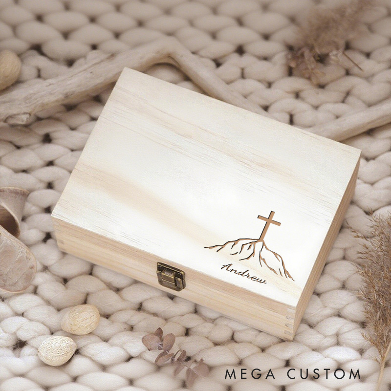 Personalized Cross on the Mountain Wooden Keepsake Box with Name Religious Gift Birthday Gift for Men