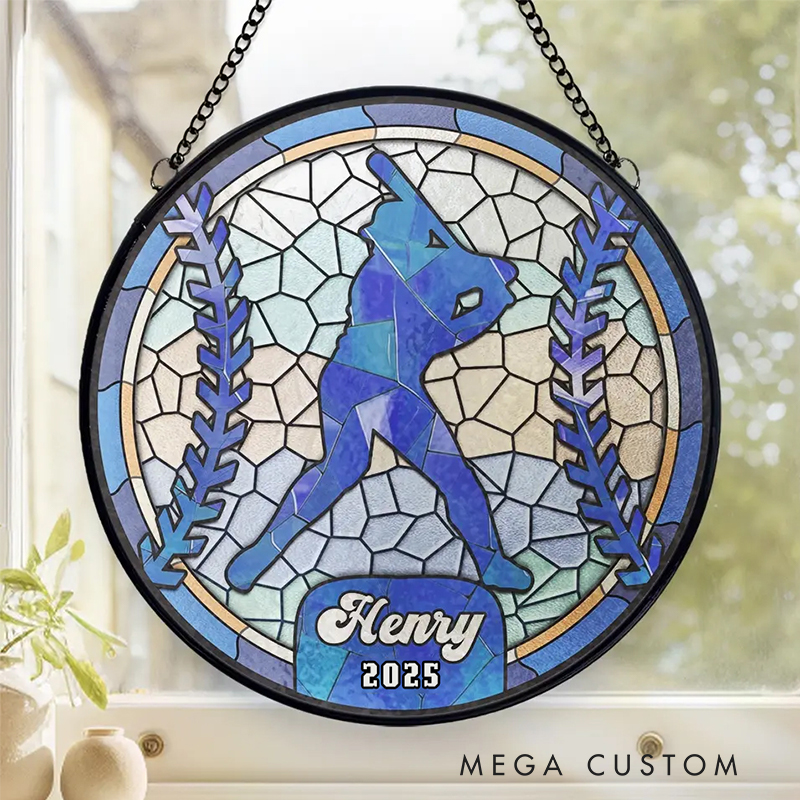 Personalized Baseball Stained Glass Suncatcher with Player Silhouette 