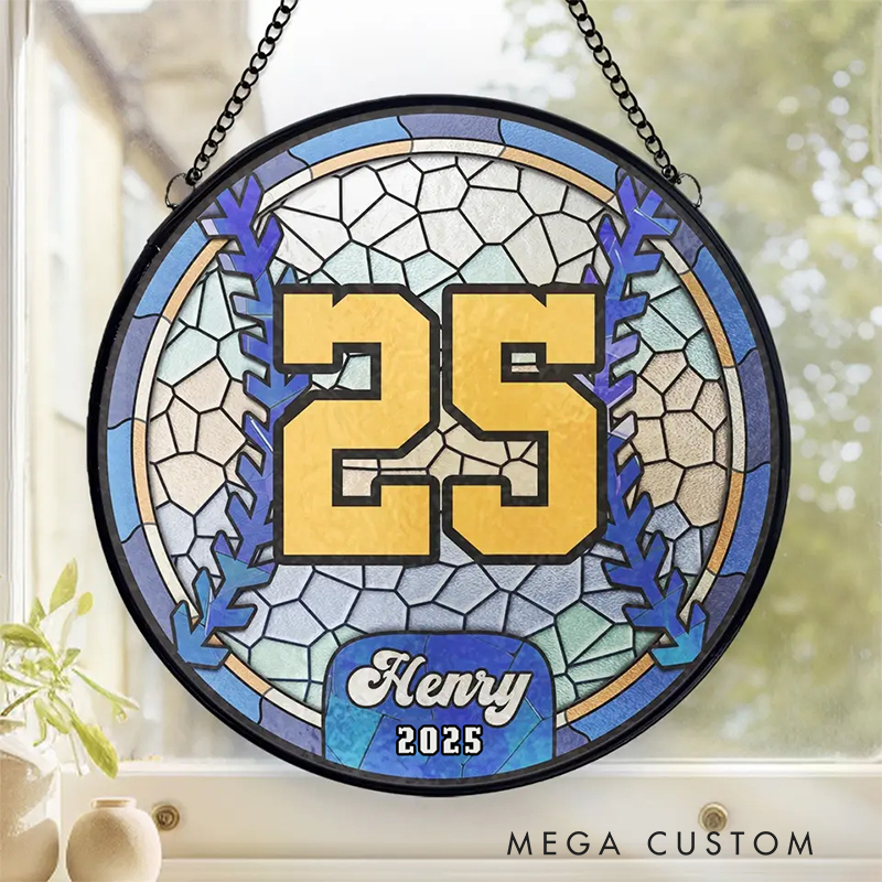 Personalized Baseball Stained Glass Suncatcher with Player Number and Name 