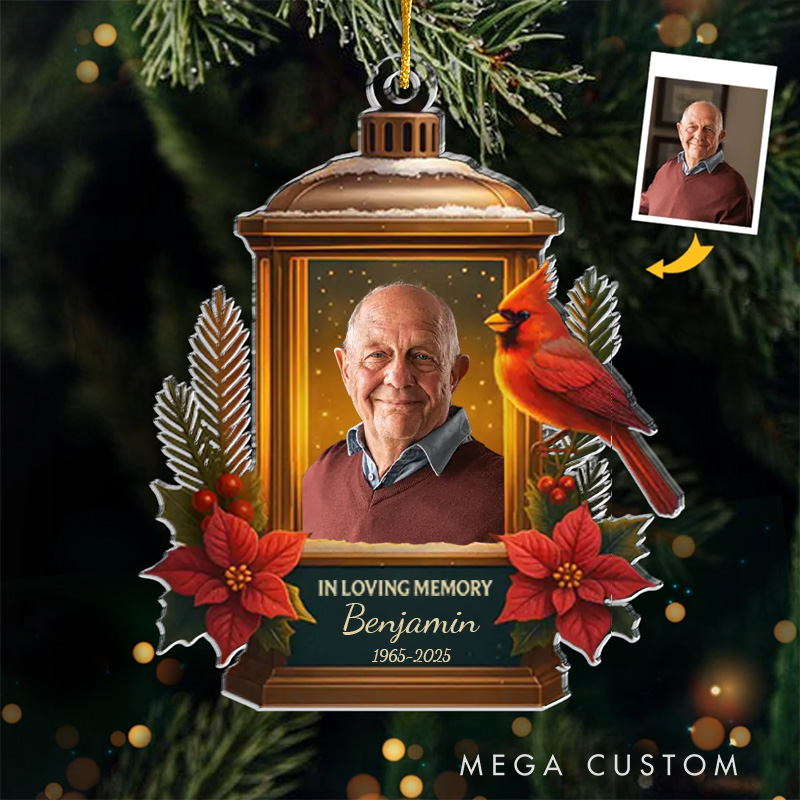 Personalized Memorial Lantern Ornament Custom Photo Name Year In Loving Memory Cardinal Poinsettia Keepsake