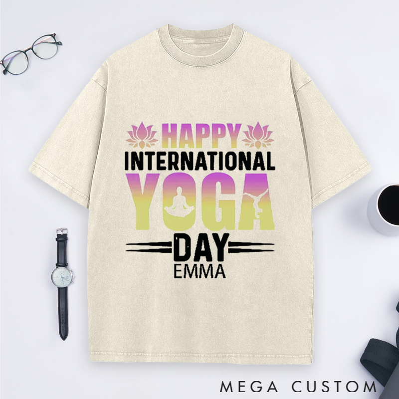 Personalized Yoga Washed T-Shirt with Happy International Yoga Day Design Perfect Gift for Yoga Lover