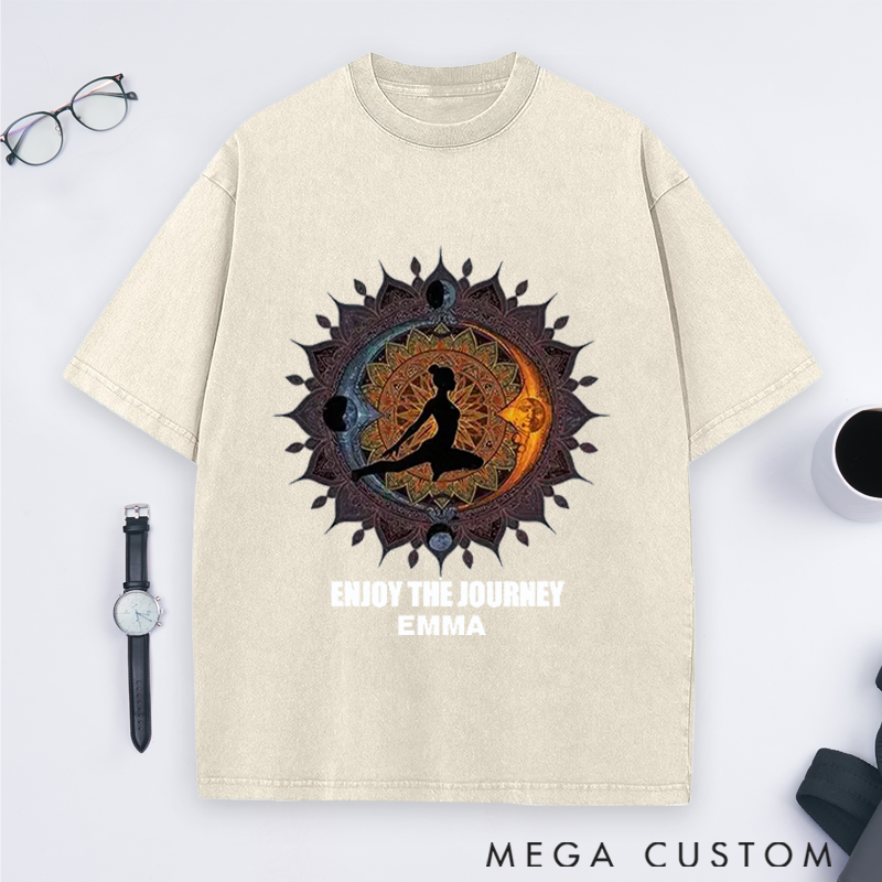Personalized Enjoy the Journey Quote Yoga Washed T-Shirt with Mandala and Silhouette Design Perfect Gift for Yoga Lover