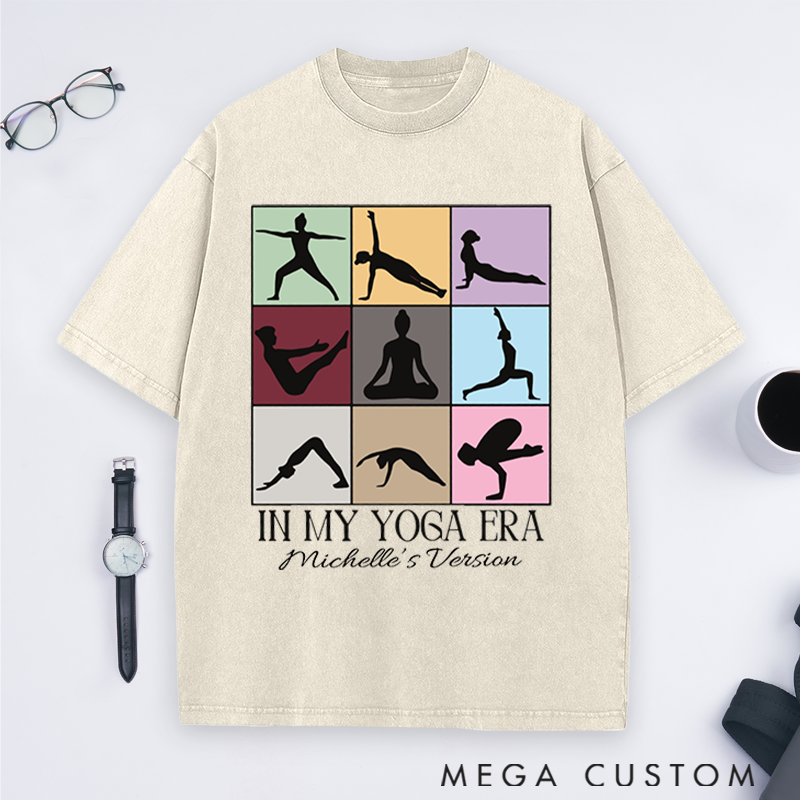 Personalized In My Yoga Era Theme Yoga Washed T-Shirt with Multicolor Yoga Pose Grid Design Perfect Gift for Yoga Lover