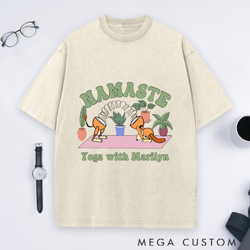 Personalized Yoga Washed T-Shirt with Namaste Theme and Cute Plant Design Perfect Gift for Yoga Lover