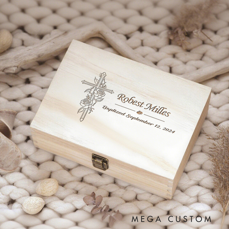 Personalized Cross with Rose Wooden Keepsake Box with Name and Text Religious Gift Baptism Gift for Girls