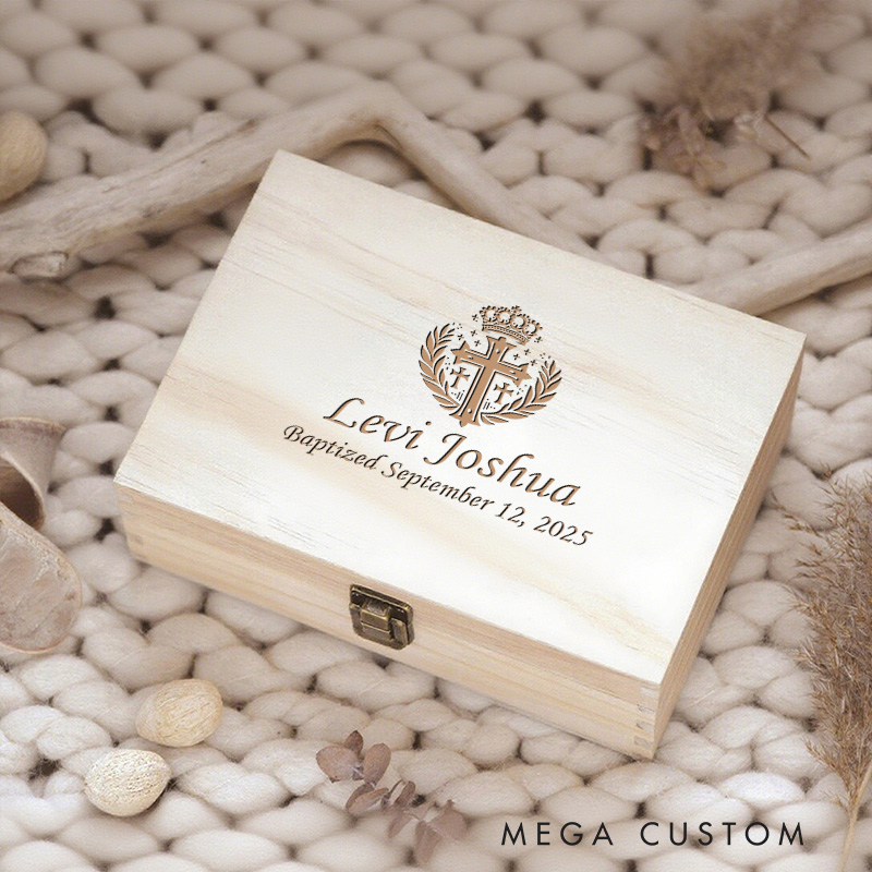 Personalized Crowned Cross Wooden Keepsake Box with Name and Text Religious Gift Baptism Gift for Boys