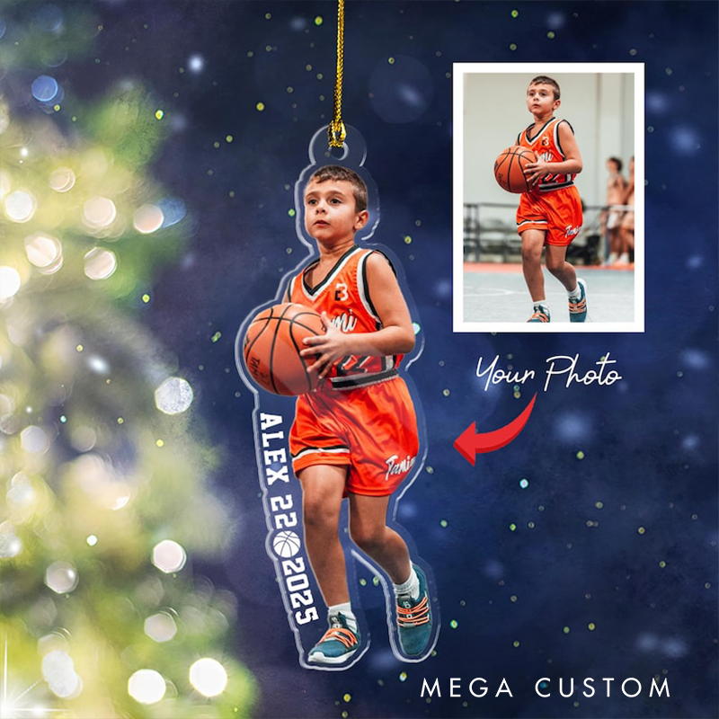 Personalized Basketball Photo Ornament with Custom Name and Year