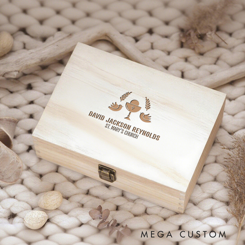 Personalized Chalice Dove Wooden Keepsake Box with Name and Location Religious Gift First Holy Communion Gift for Kids