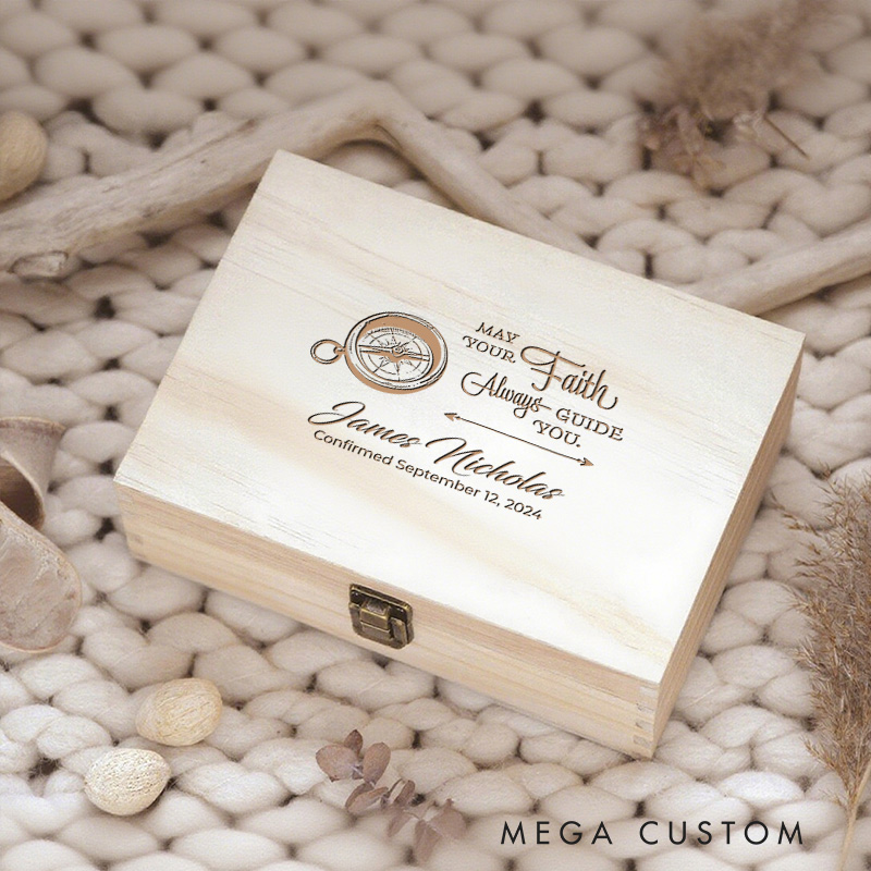 Personalized Compass Wooden Keepsake Box with Name and Text Religious Gift Confirmation Gift for Boys