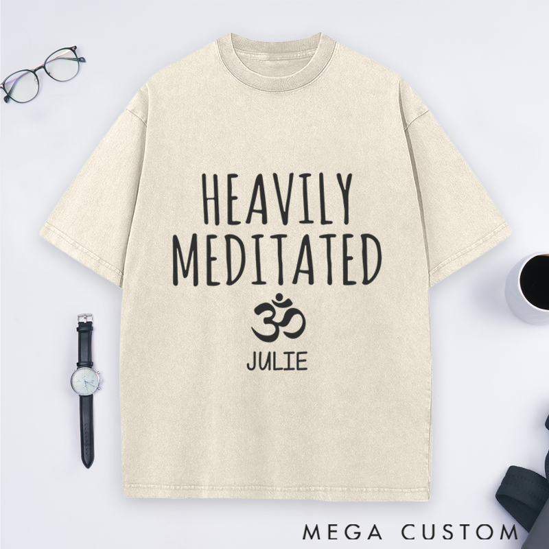 Personalized Yoga Washed T-Shirt with Heavily Meditated Design and Om Symbol Perfect Gift for Yoga Lover