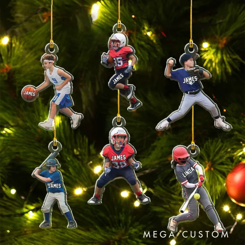 Personalized Sports Photo Acrylic Christmas Ornaments with Custom Name Designs