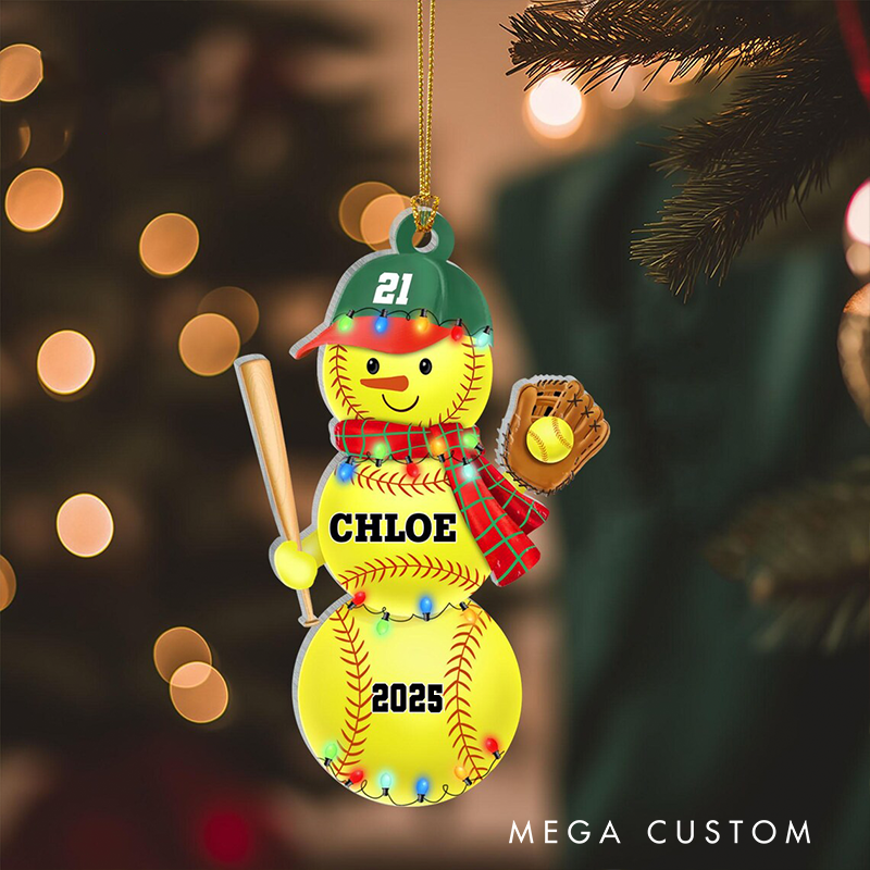 Personalized Softball Snowman Acrylic Ornament with Custom Name and Year