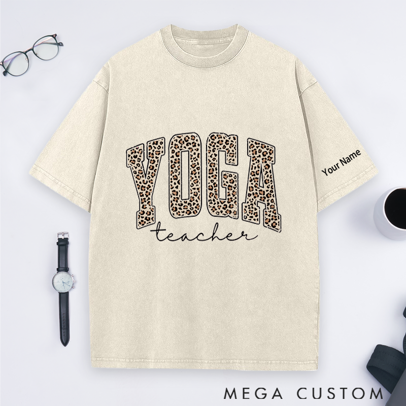 Personalized Yoga Teacher Washed T-Shirt with Leopard Print YOGA Design Perfect Gift for Yoga Lover