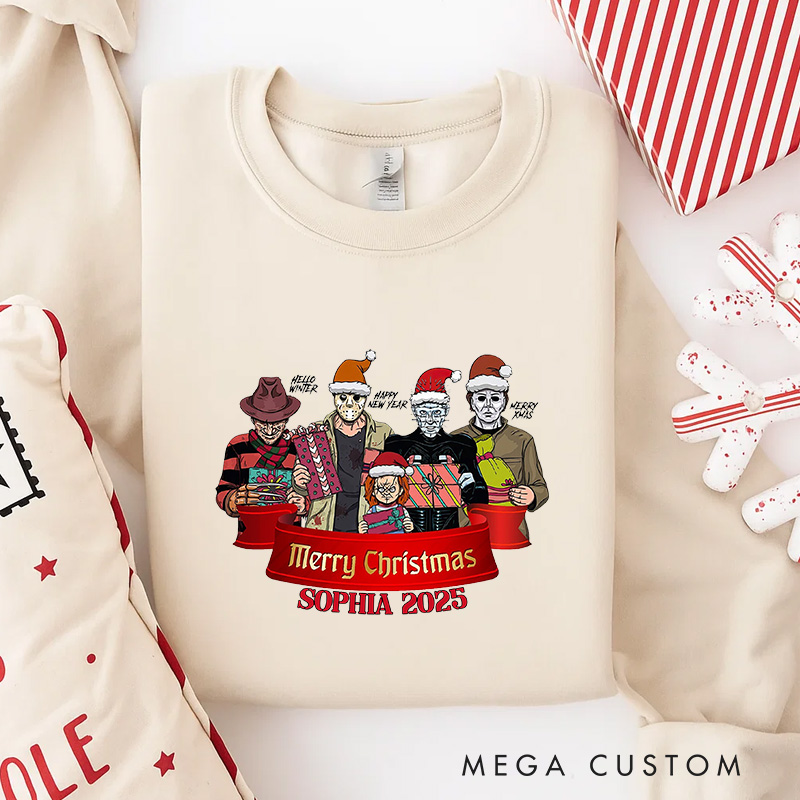 Personalized Horror Merry Christmas Classic Sweatshirt Retro Horror Film Series Crewneck Movie Holiday Shirt