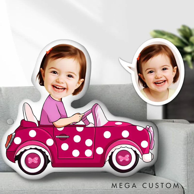 Personalized Photo Face Pillow Girl On The Pink Car Face Picture Pillow