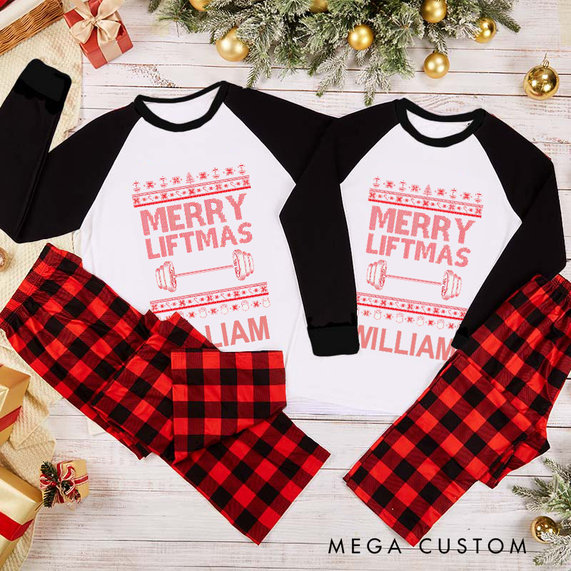 Personalized Couple Xmas Pajamas with Barbell Name Christmas Matching Pjs for Fitness Enthusiasts Bodybuilders and Gym Lovers Husband Wife Boyfriend Girlfriend
