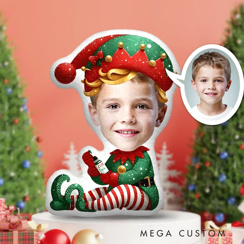 Personalized Festive Elf Pillows Cheerful Holiday Magic with Custom Photo and Whimsical Costume Design