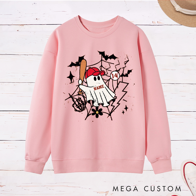 Personalized Halloween Ghost Baseball Sweatshirt with Custom Name and Number 