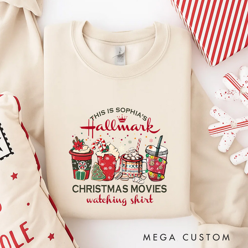 Personalized Coffee Christmas Movie Watching Shirt Classic Sweatshirt Christmas Film Crewneck Movie Holiday Shirt