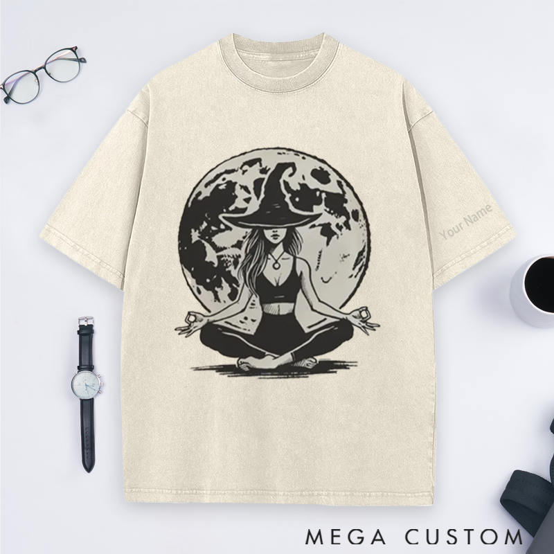 Personalized Witchy Yoga Washed T-Shirt with Mystic Moon and Meditating Witch Design Perfect Gift for Yoga Lover and Halloween