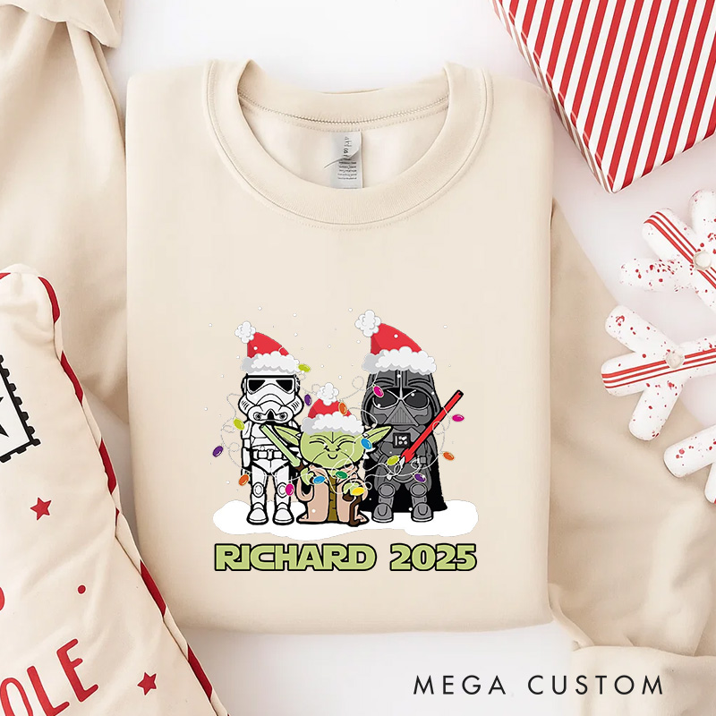 Personalized Cartoon Star Crew Christmas Classic Sweatshirt Galaxy War Film Crewneck Movie Holiday Shirt