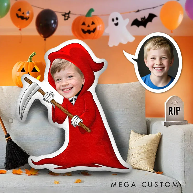 Personalized Spooky Reaper Pillows Halloween Haunting Fun with Custom Photo and Playful Grim Costume