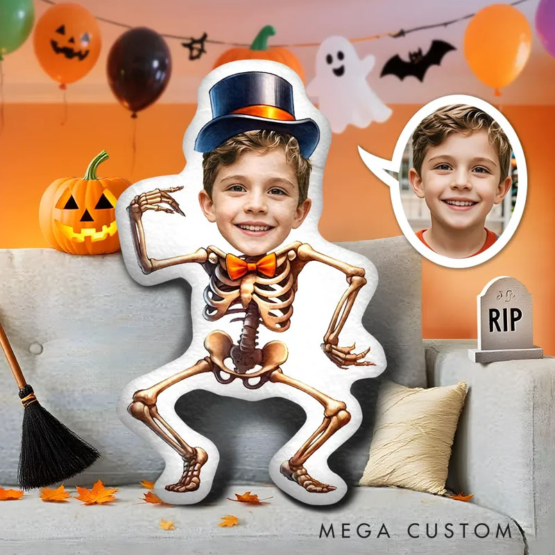 Personalized Dancing Skeleton Pillows Festive Halloween Spirit with Custom Photo and Lively Bone Costume