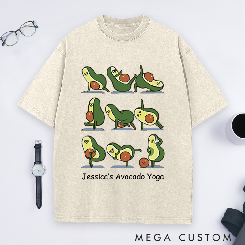 Personalized Avocado Yoga Washed T-Shirt with Cute Avocado Poses Design Perfect Gift for Yoga Lover