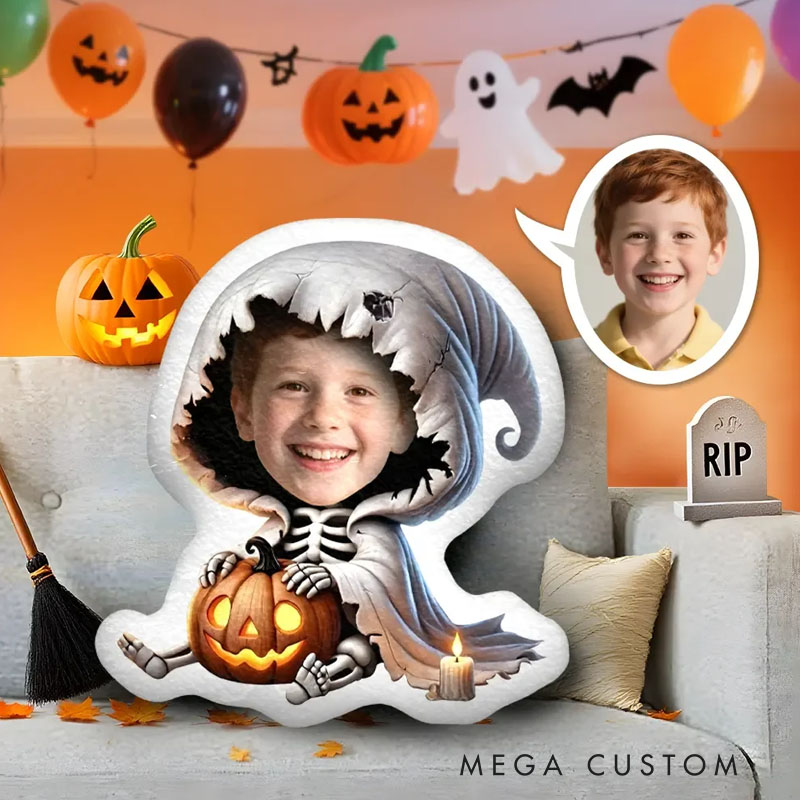 Personalized Ghostly Pumpkin Pillows Haunting Halloween Charm with Custom Photo and Spooky Skeleton Style