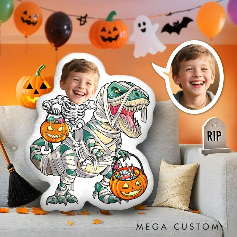 Personalized Mummy Dino Pillows Thrilling Halloween Adventure with Custom Photo and Playful Skeleton Costume