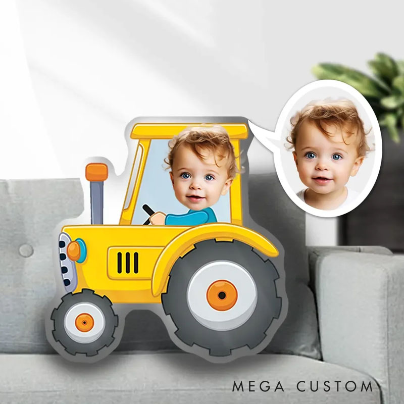 Personalized Tractor Adventure Pillows Joyful Farming Fun with Custom Photo and Bright Yellow Tractor