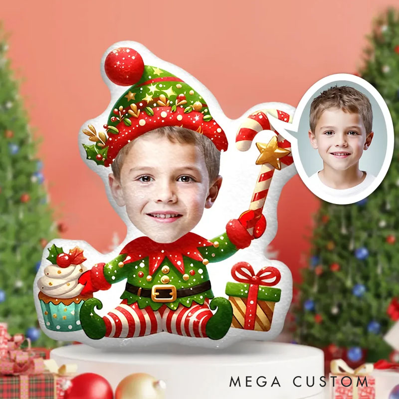 Personalized Festive Elf Pillows Joyful Holiday Cheer with Custom Photo and Colorful Elf Costume
