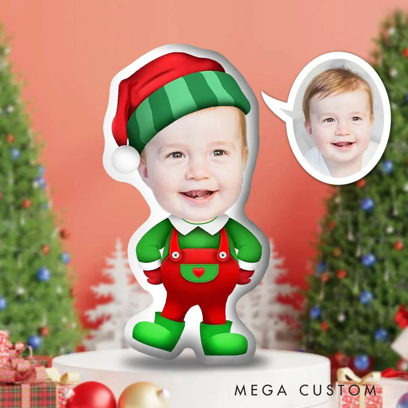 Personalized Jolly Elf Pillows Festive Holiday Delight with Custom Photo and Cheerful Elf Costume