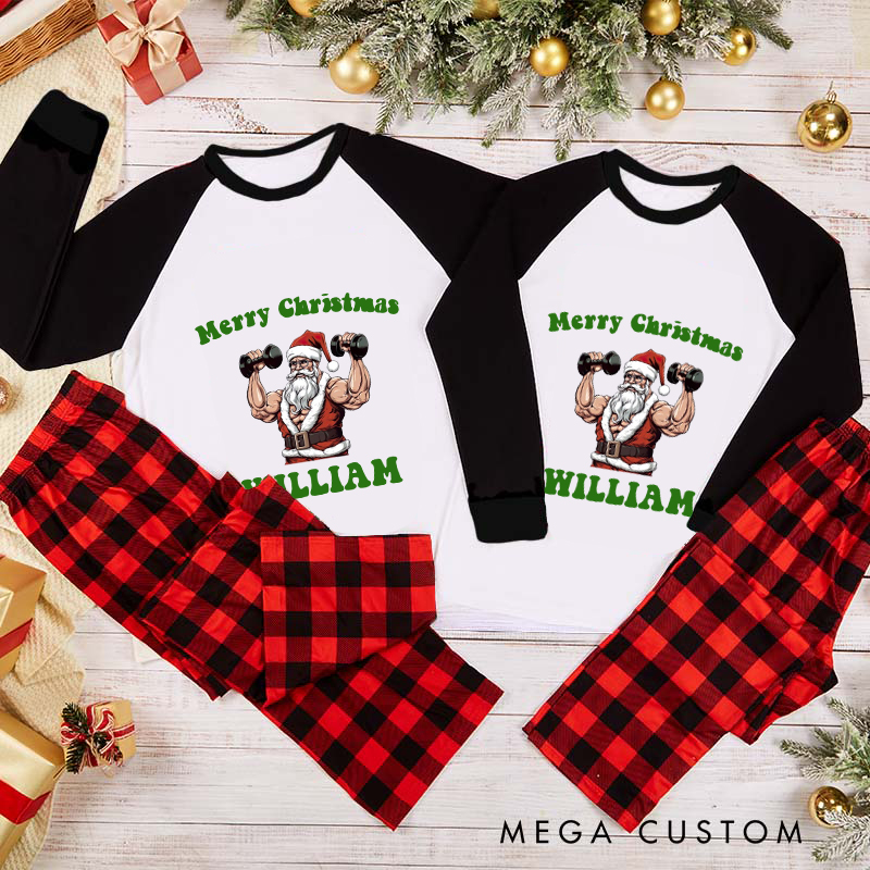 Personalized Couple Xmas Pajamas with Santa Lifting Dumbbells Christmas Matching Pjs for Fitness Enthusiasts Bodybuilders and Gym Lovers Husband Wife Boyfriend Girlfriend