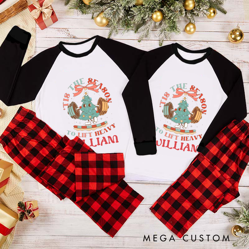 Personalized Couple Xmas Pajamas with Tis the Season to Lift Heavy Christmas Matching Pjs for Fitness Enthusiasts Bodybuilders and Gym Lovers Husband Wife Boyfriend Girlfriend