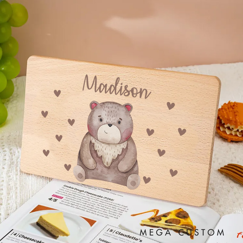 Personalized Watercolor Bear With Hearts Breakfast Board Holiday Gifts